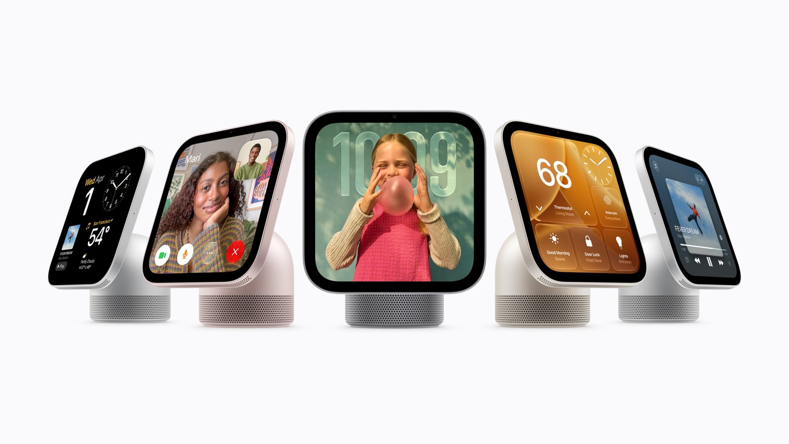 Bo suu tap Apple HomeView gom cac ban de ban va treo tuong, man hinh vuong 7 inch dat tren de loa
