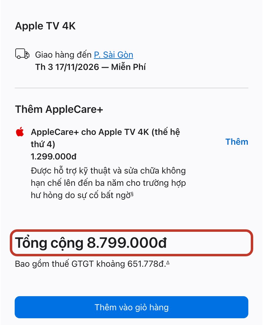 Anh chup trang Apple Store Viet Nam: Apple TV 4K tong cong 8.799.000d, giao hang den Sai Gon ngay 17/11/2026