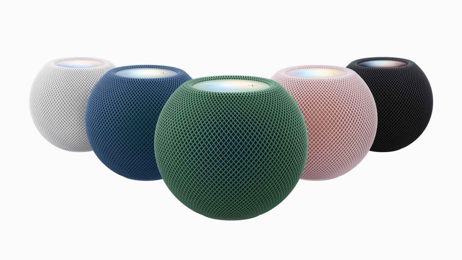 Nam chiec HomePod mini 2 cac mau hong, xanh la, xanh duong, trang va xanh dem xep canh nhau