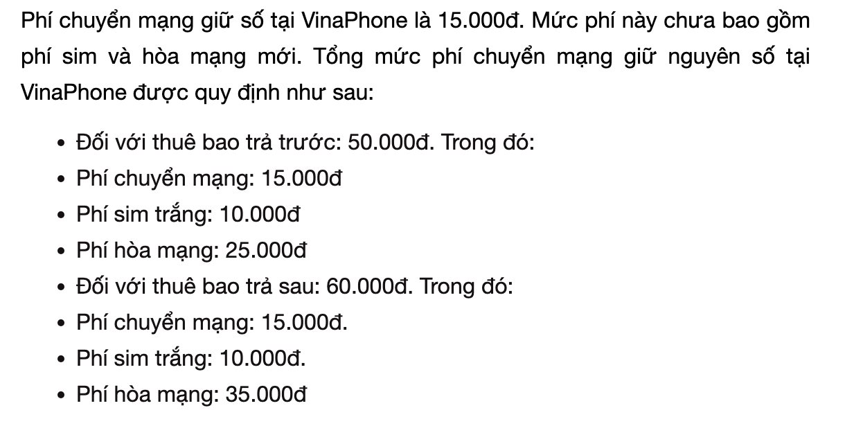 Bảng phí chuyển mạng giữ số của VinaPhone: 15.000 đồng phí chuyển mạng, 10.000 đồng SIM, phí hòa mạng 25.000 hoặc 35.000 đồng