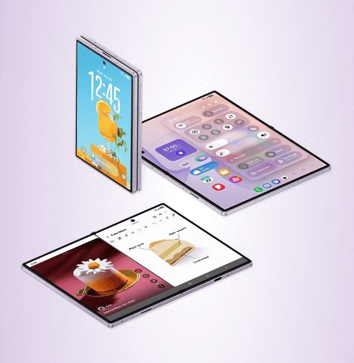 Ảnh render Galaxy Z Fold 8 mở ra hiển thị giao diện One UI với đa nhiệm chia đôi màn hình