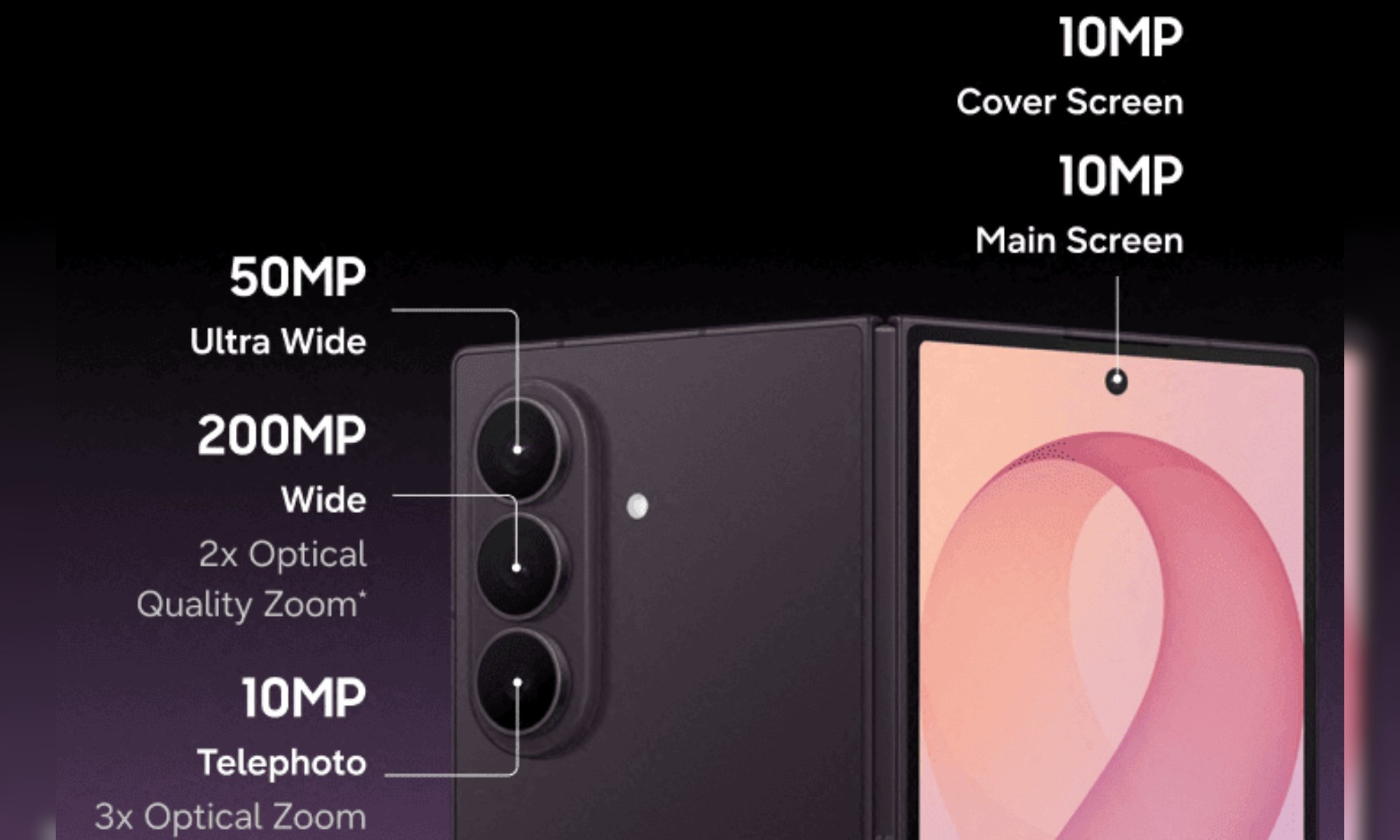 Ảnh render Galaxy Z Fold 8 Ultra với cụm ba camera, chính 200MP và tele zoom quang 3x