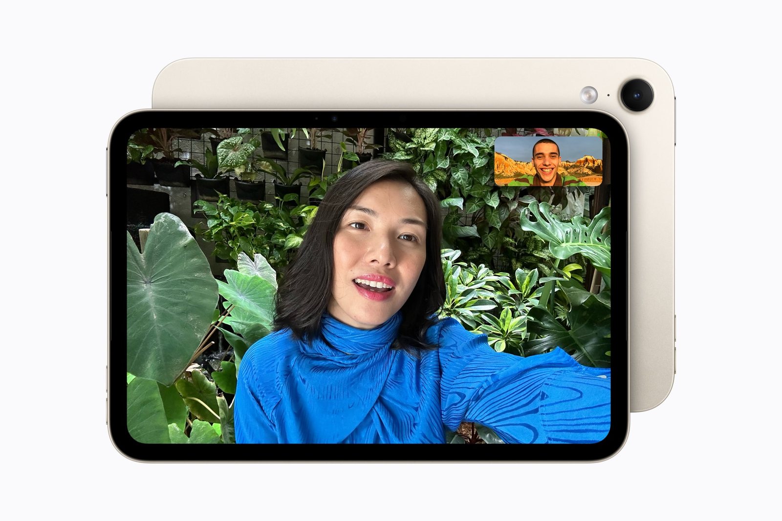 iPad mini mau Anh Sao cam ngang dang goi FaceTime, camera truoc nam o canh dai phia tren