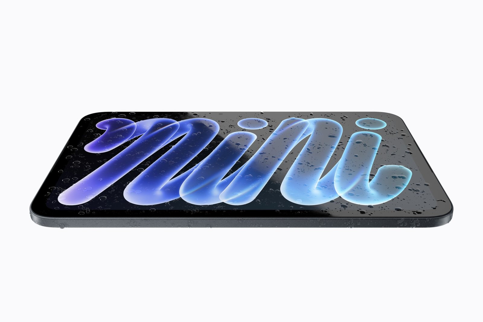 iPad mini nam phang tren mat phang, nhieu giot nuoc dong tren man hinh hien chu mini