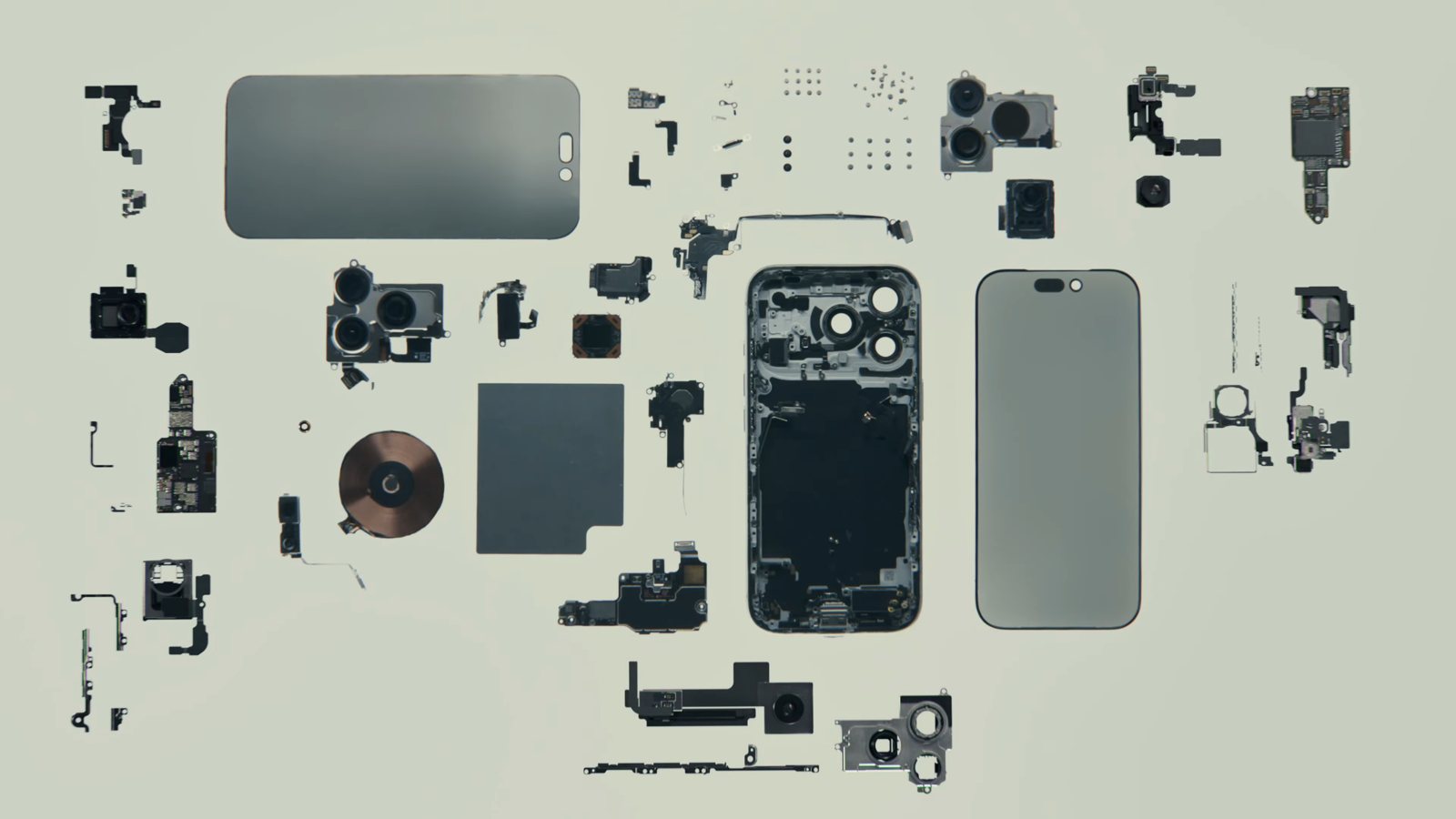 Linh kiện bên trong một chiếc iPhone được tháo rời và xếp phẳng trên nền sáng