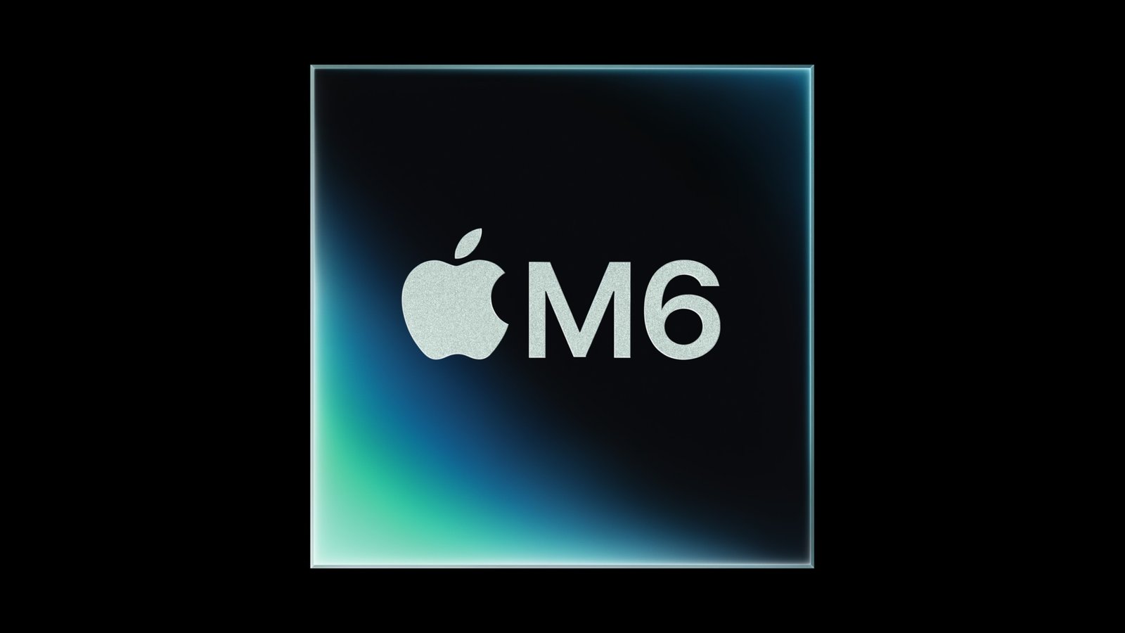 Hinh chip Apple M6 phat sang mau xanh tren nen den
