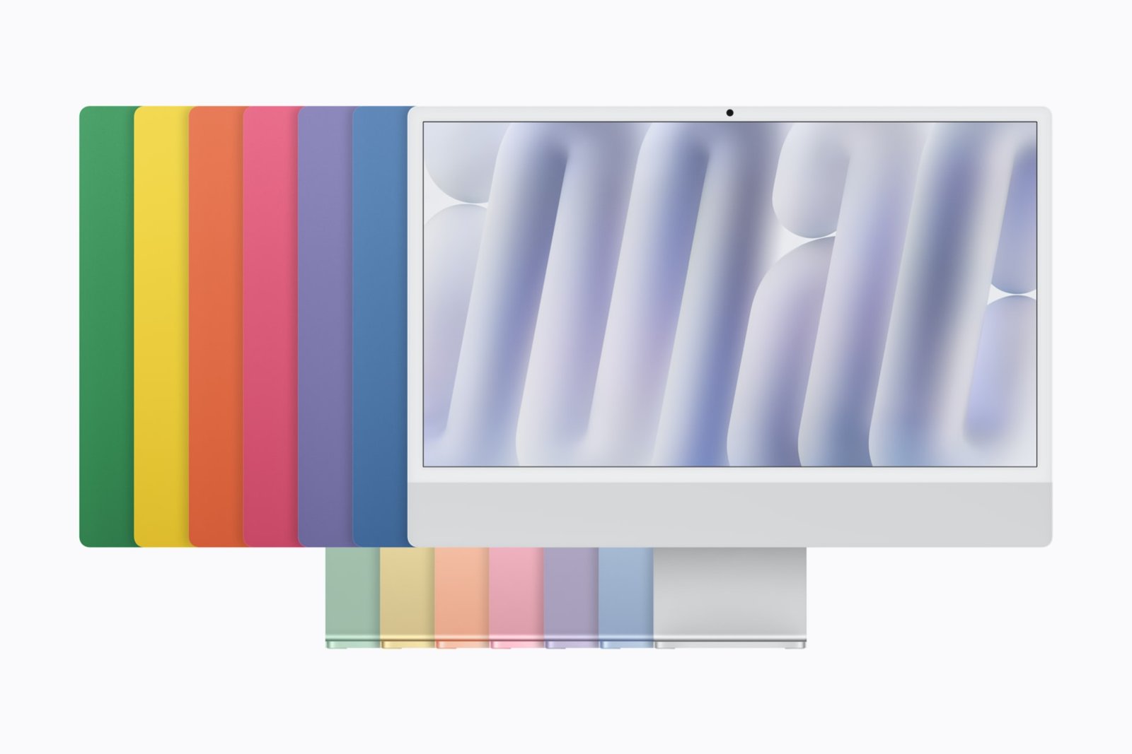 Bay mau iMac M6 xanh la, vang, cam, hong, tim, xanh duong va bac xep canh nhau