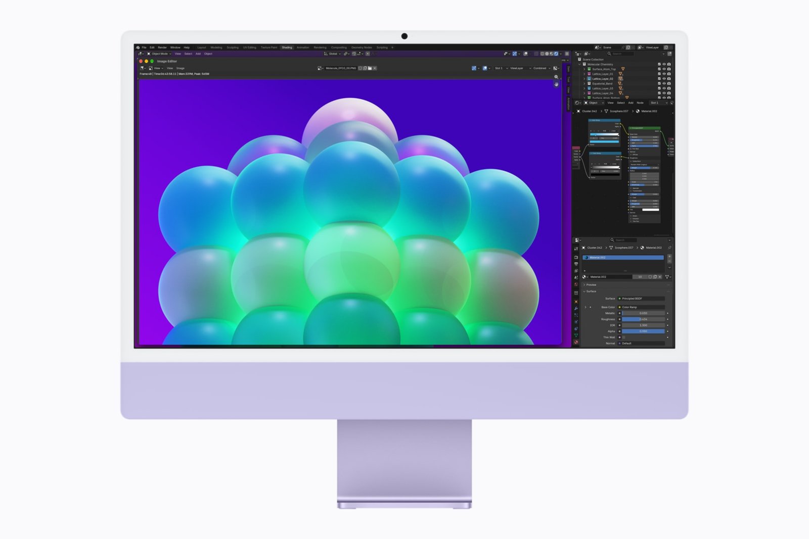 iMac M6 mau tim hien du an 3D trong Blender voi nhieu qua cau xanh