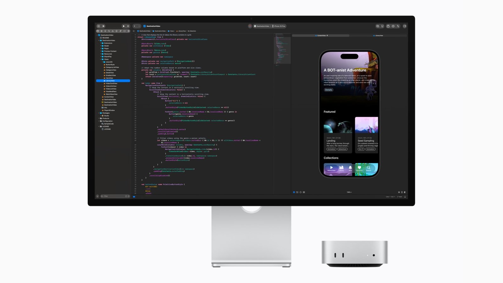 Mac mini chip M6 đặt dưới màn hình đang chạy Xcode
