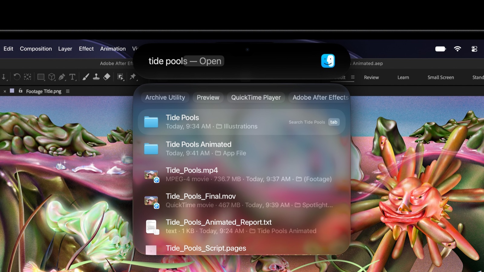 Dynamic Island tren MacBook Pro PROLED XDR mo o tim kiem Spotlight