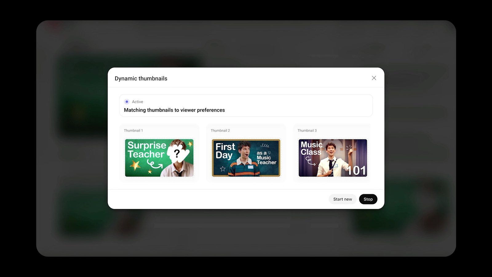 Hộp Dynamic thumbnails trong YouTube Studio đang bật, ba ảnh đại diện khác nhau được hệ thống ghép với sở thích từng nhóm người xem