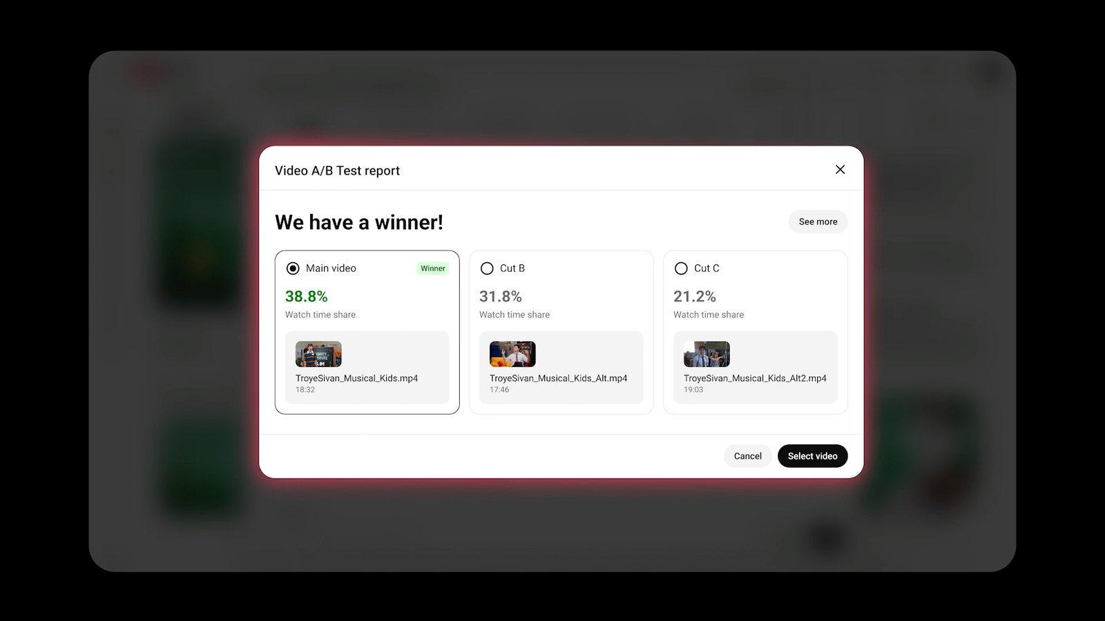 Báo cáo Video A/B Test trong YouTube Studio: bản chính thắng với 38,8% thời gian xem, hai bản dựng còn lại đạt 31,8% và 21,2%