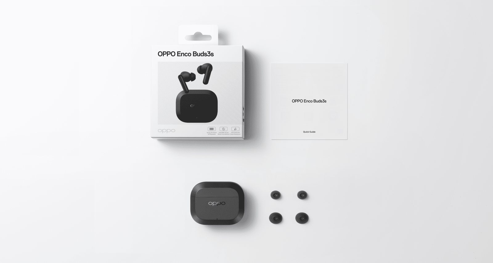 Tron bo OPPO Enco Buds3s trong hop gom tai nghe, hop sac mau den va cac co nut tai silicon