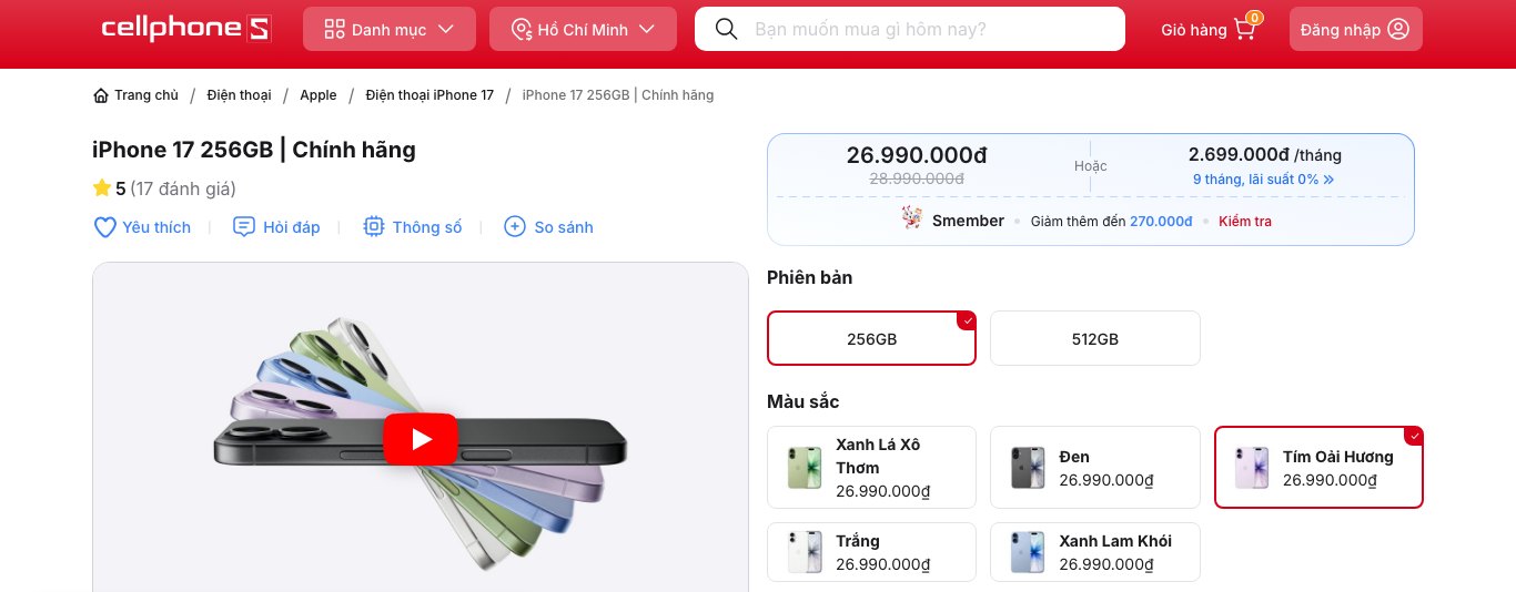 Trang san pham iPhone 17 256GB tren CellphoneS ngay 30/9/2026, gia ban 26.990.000 dong, gach ngang 28.990.000 dong