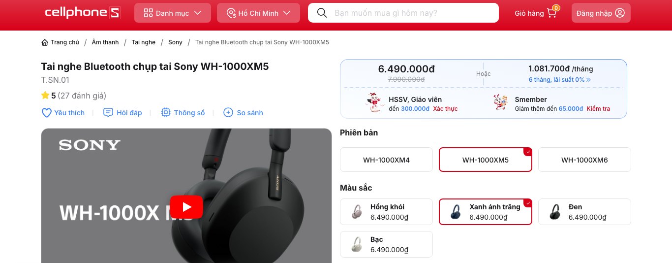 Trang san pham tai nghe Sony WH-1000XM5 tren CellphoneS ngay 30/9/2026, gia ban 6.490.000 dong, niem yet 7.990.000 dong