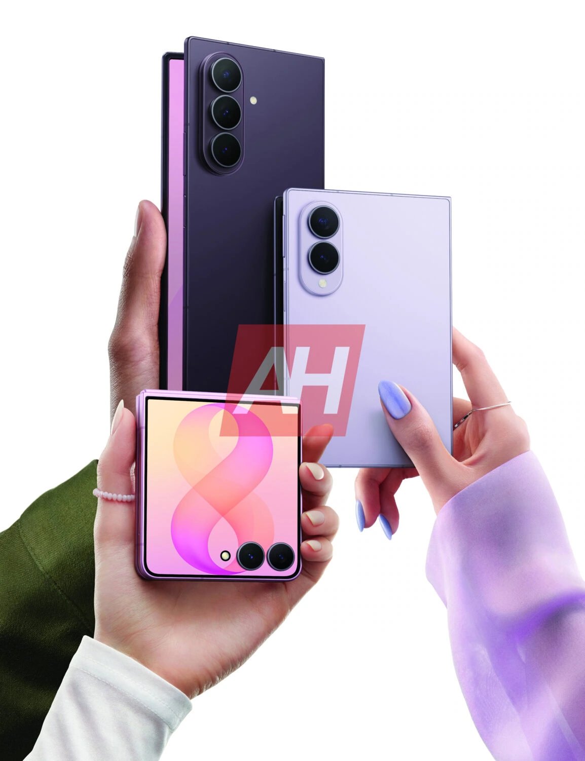 Anh render Galaxy Z Flip 8 mau hong cung Galaxy Z Fold 8 mau tim va oai huong tren tay