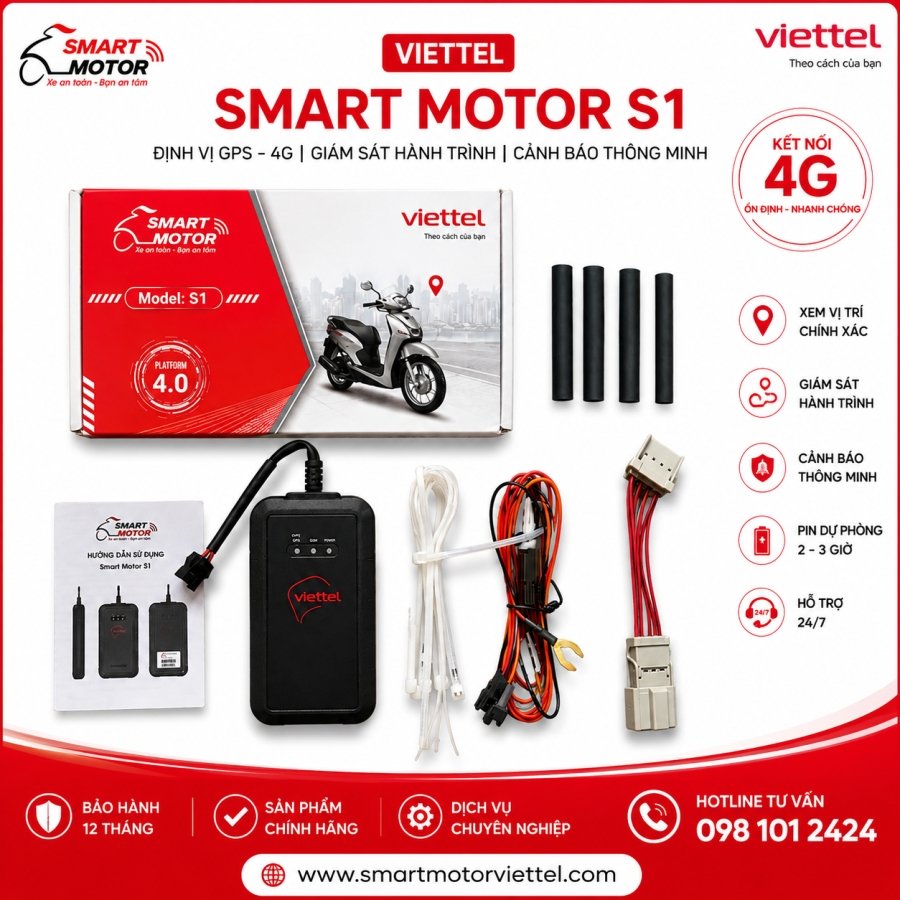 Bo thiet bi dinh vi xe may Smart Motor S1 ket noi 4G cua Viettel gom hop dinh vi va day dau noi