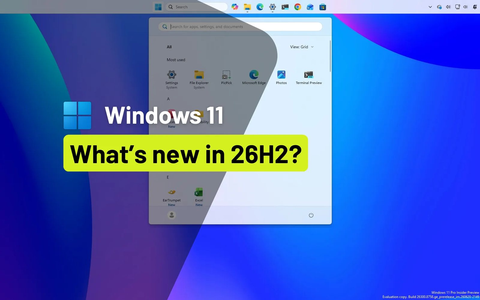 Start menu Windows 11 26H2 voi cac muc Pinned va Recent