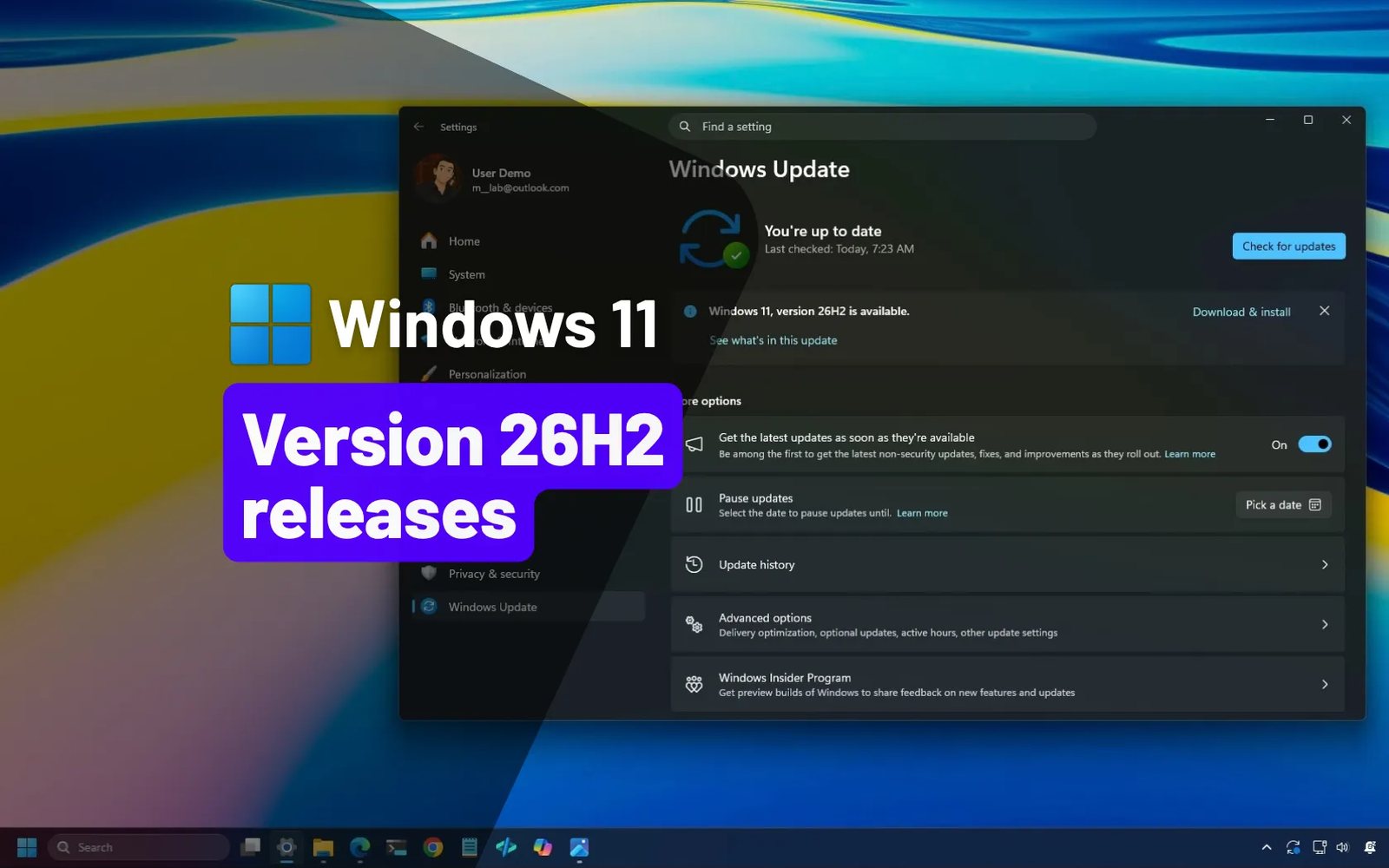 Man hinh Windows Update hien ban cap nhat Windows 11 version 26H2