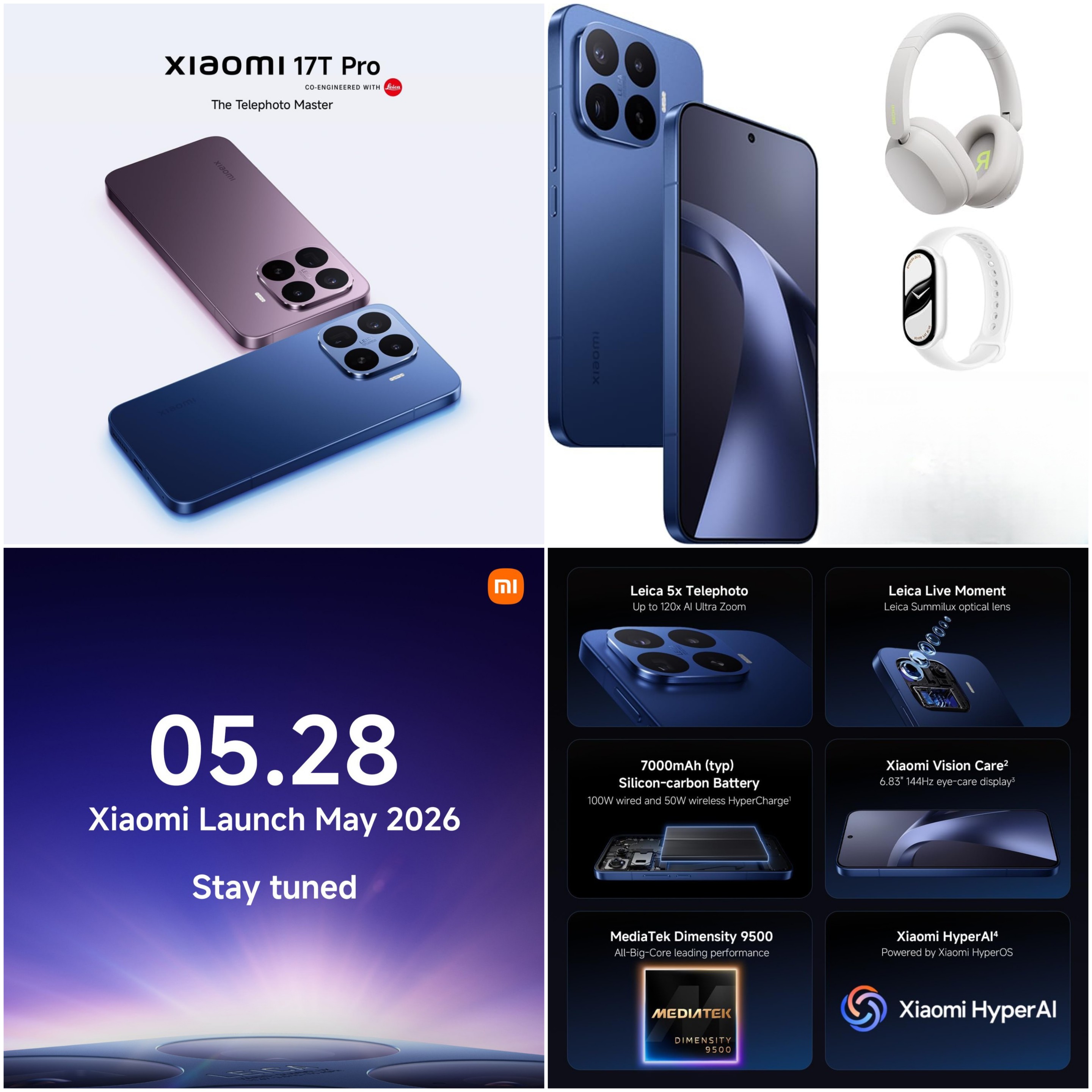 Xiaomi 17T Pro thông số kỹ thuật — Leica 5x, pin 7000mAh 100W, Dimensity 9500, màn 144Hz
