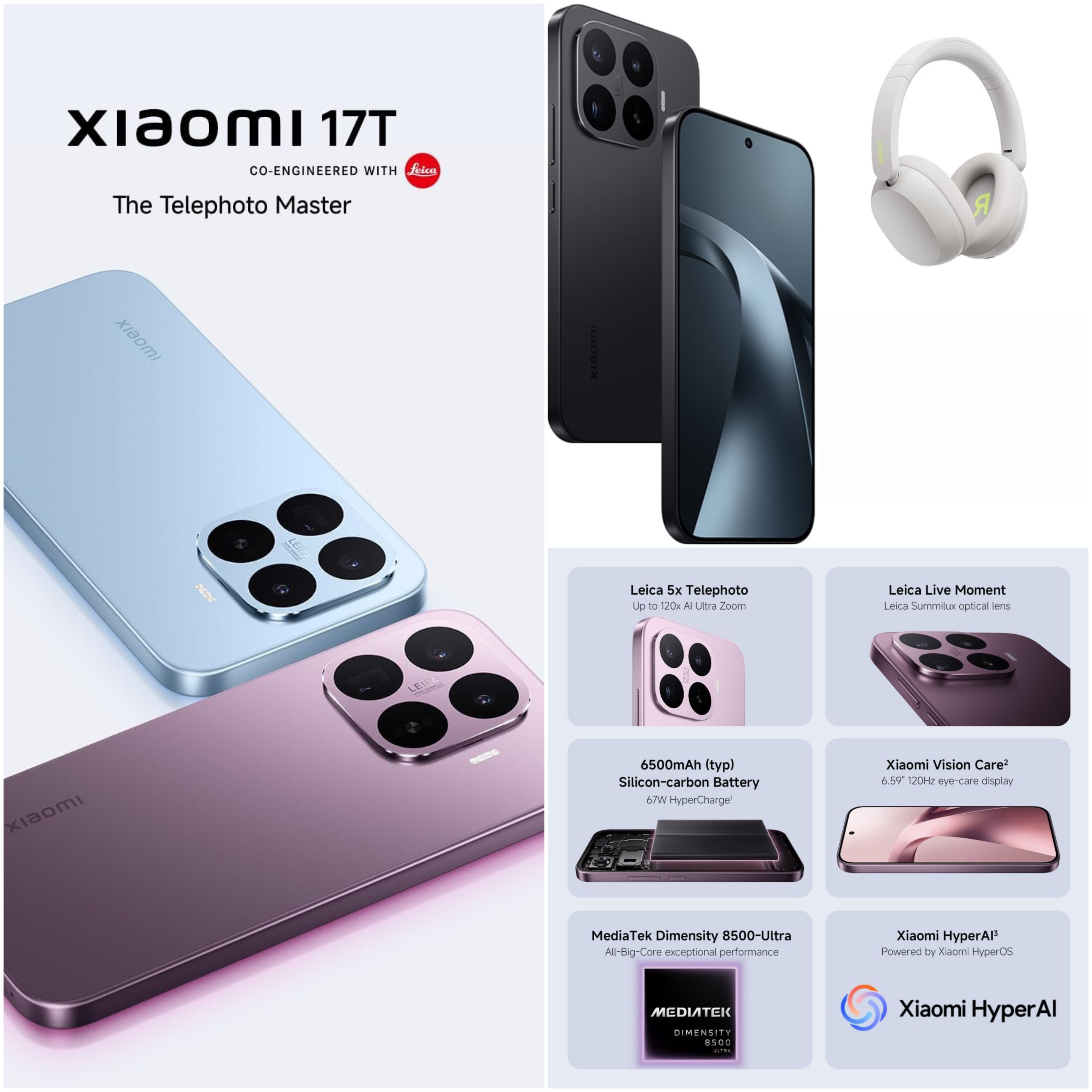 Xiaomi 17T thông số kỹ thuật — Leica 5x, pin 6500mAh, Dimensity 8500 Ultra, màn 120Hz