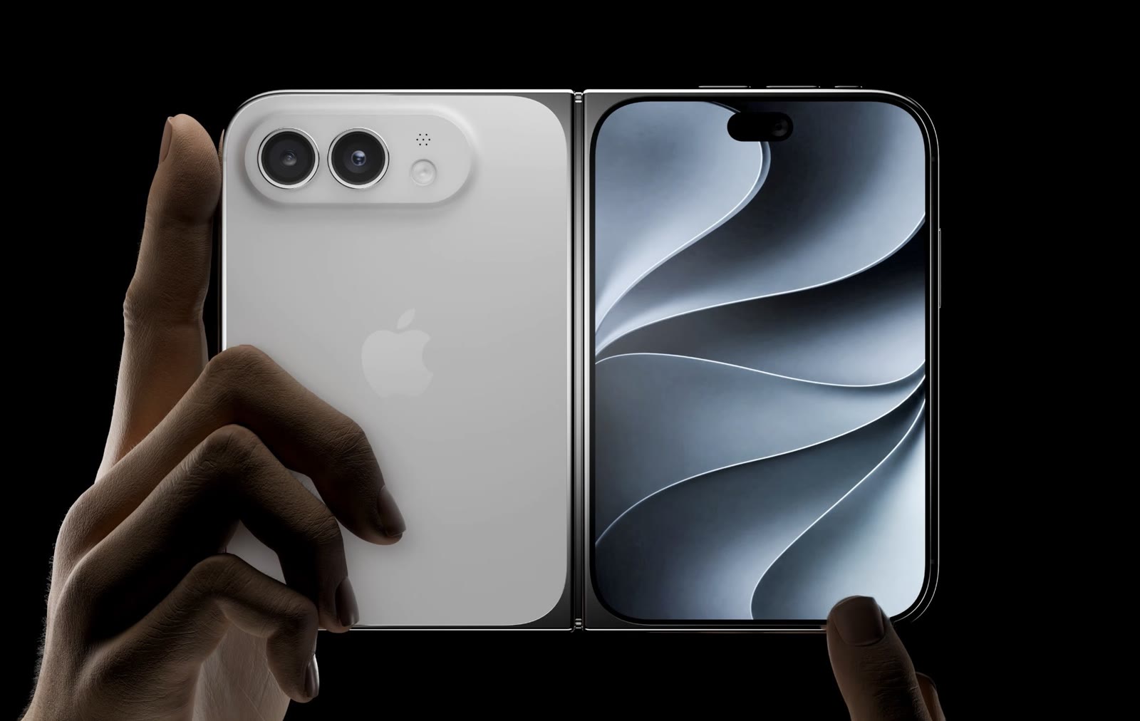 Concept render iPhone Duo mở ra, mặt lưng trắng với cụm camera hai ống kính và màn hình ngoài hiển thị hình nền xanh
